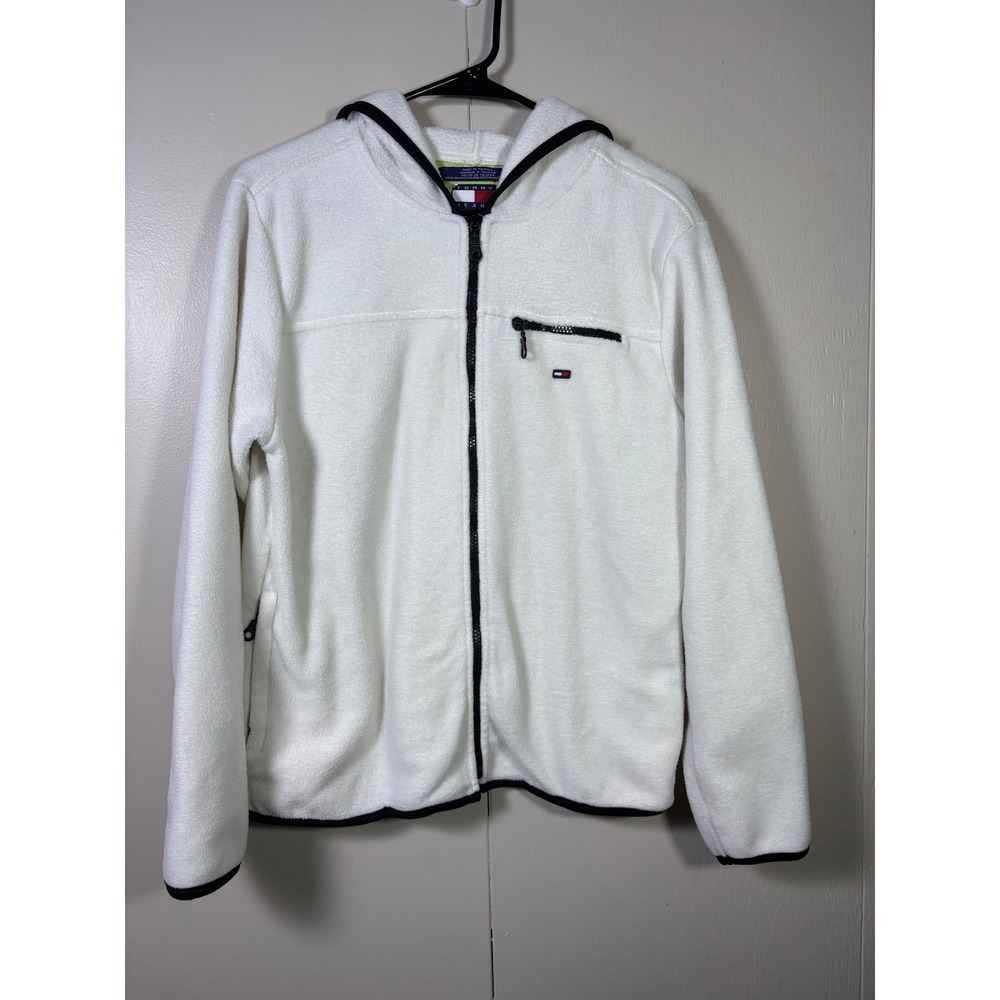 Tommy Jeans White Fleece Full Zip Hoodie Jacket M Y2K 90s Preppy Sport Gorpcore